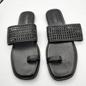 Cushionaire Memory Foam Vegan Leather Black Woven Slide Sandals Sz 9